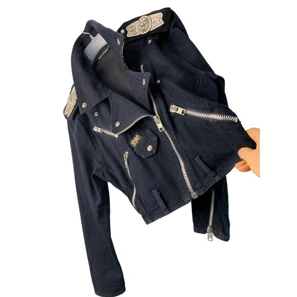 Parasuco Jackets & Blazers - Vintage 90s PARASUCO MOTO black denim Jacket Silver embellish XS/S  6680 Crop